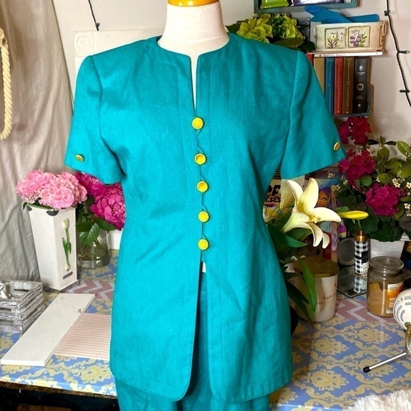 🌷 Casual Corner🌷 Vintage Turquoise Gold Button Blazer & Skirt Set Petite - Picture 2 of 10